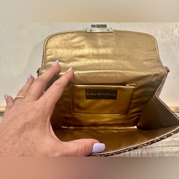 Jessica McClintock Faux Snakeskin Evening Clutch Shoulder Bag Chain Strap - Picture 7 of 10